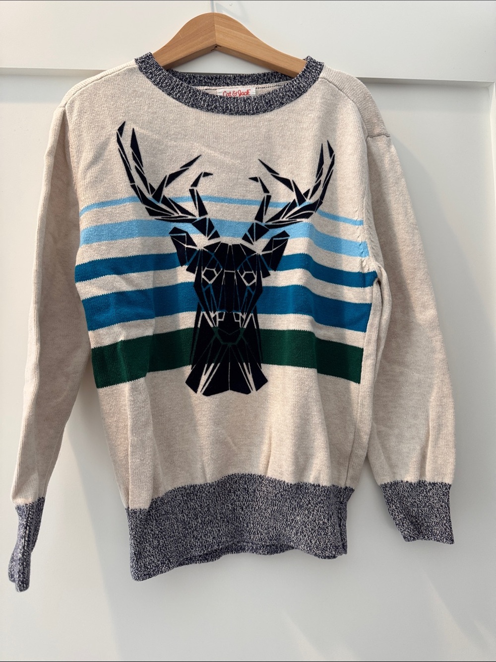 Cat & Jack Beige Crewneck Sweater with Navy Deer Graphic and Blue-Green Stripes